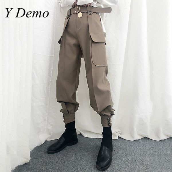 

y demo streetwear casual women cargo pant high waist with sashes ruched full length trousers female fashion, Black;white