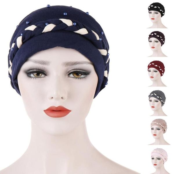 

hat women beads braid beanie bonnet chemo cap muslim turban wraps islamic skullies hair loss hat pleated head wrap, Blue;gray
