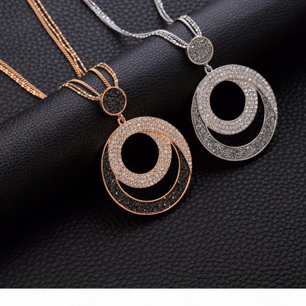 

vintage woman statement necklace geometric big circle crystal pendant necklaces long sweater chain fashion jewelry gift for girl, Silver