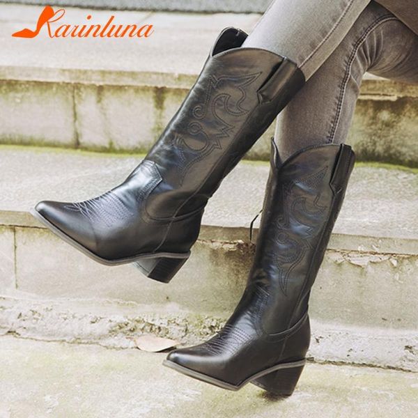 

boots karin 2021 plus size 49 thick heels shoes woman female comfy slip-on autumn footwear, Black