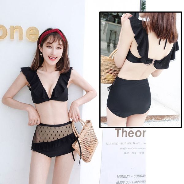 

women's bathing suit mesh bikini set ruffle trim deep v padded see-through bottom two piece swimsuit swimwear