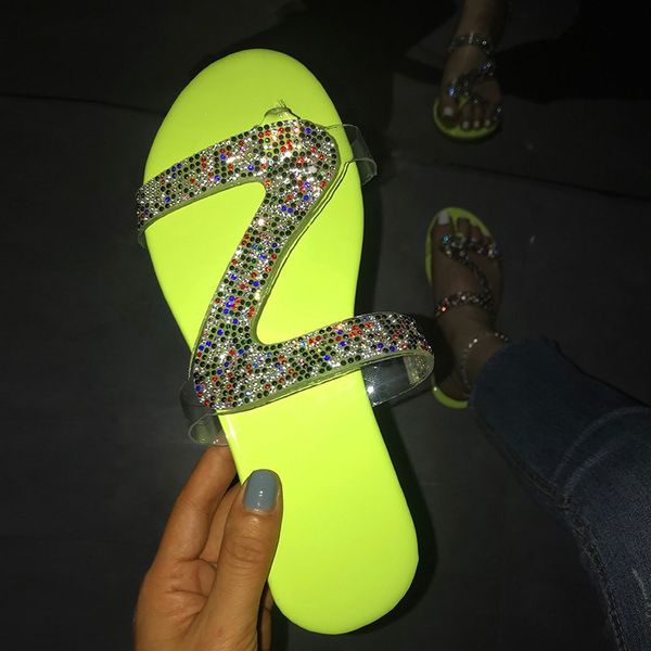 

sparkling rhinestone candy-colored slippers 2020 women home flip flop casual shoes snakeskin diamond flat outdoor wild sandals, Black