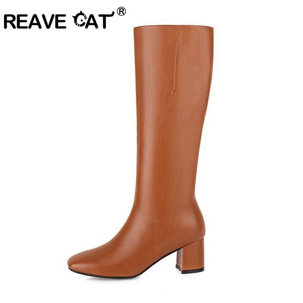

boots reavecat winter knee-high square toe chunky heels pu zip solid big size 34-48 black apricot brown sliver daily work a3170