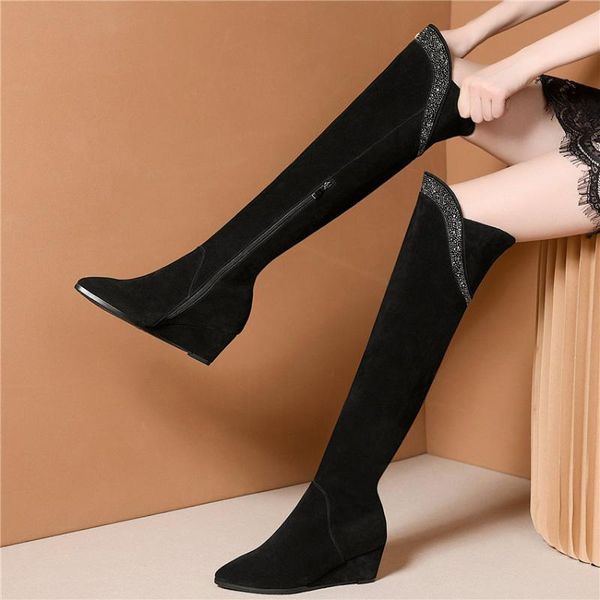 

winter casual shoes women black cow suede leather wedges high heel straight over the knee high boots pointed toe warm pumps shoe