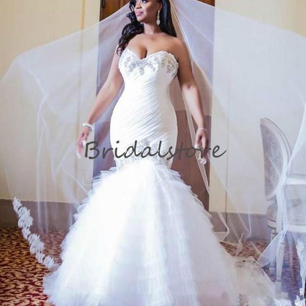 

chic white mermaid wedding dresses for african women beaded sweetheart tight ruched garden country wedding dress 2020 bridal gowns plus size