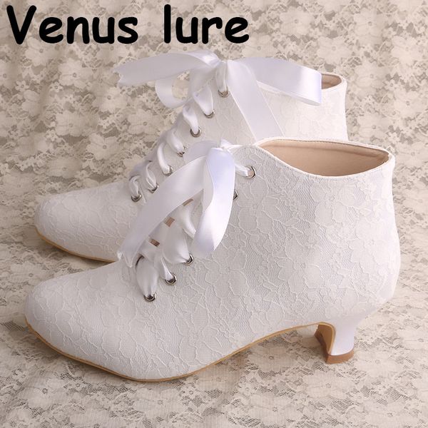 

boots ribbon tie women designer for wedding white lace chunky heel, Black