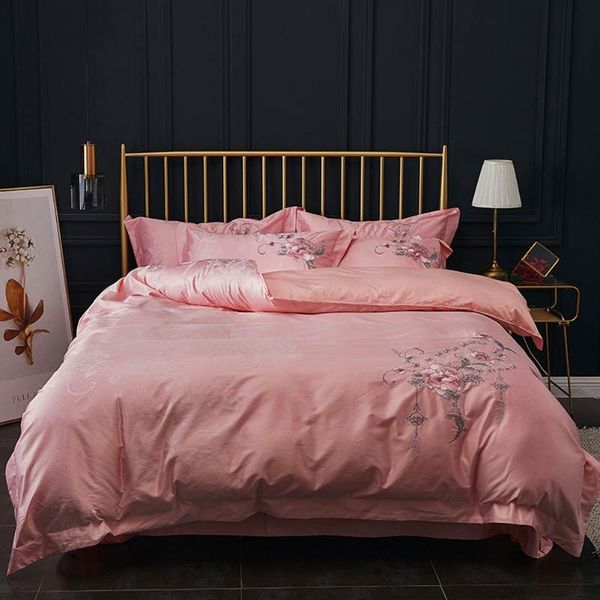 

papa&mima pink peony flowers european embroidery bedding set jacquard silk cotton bedlinens  king size duvet cover set