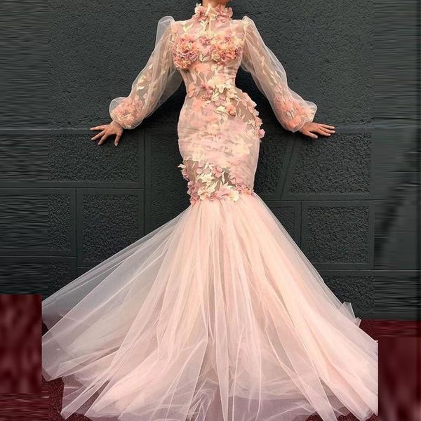 

blush pink high neck evening dresses plus size flowers appliques full sleeves african prom dress mermaid cocktail gowns vestidos de fiesta, Black;red