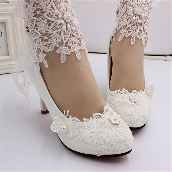 

2020 high heels wedding shoes bride flower lace white ladies shoes woman platform 8cm heeled women, Black