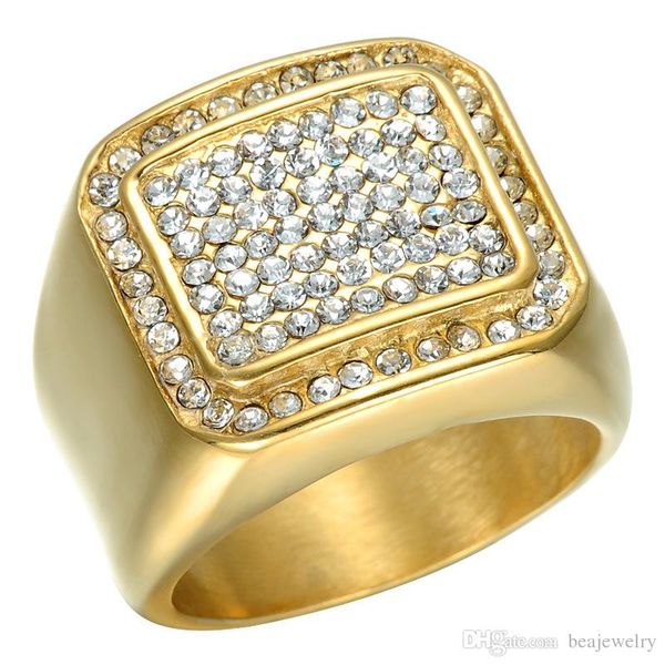 

hiphop micro pave rhinestone iced out bling square ring ip gold filled титановые кольца нержавеющей стали для мужчин, Silver