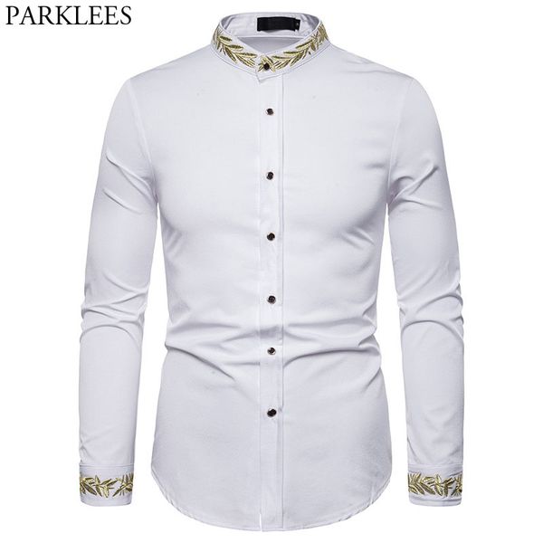 

men's casual shirts gold embroidery shirt men 2021 autumn stand collar mens dress slim fit long sleeve chemise homme camisa masculina, White;black