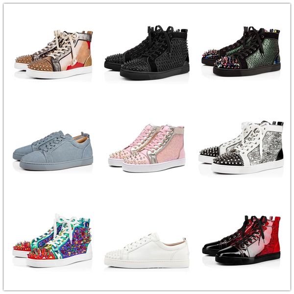 

2019 fashion red bottoms shoes studded spikes flat sneakers for men women glitter party lovers genuine leather casual rivet, Black