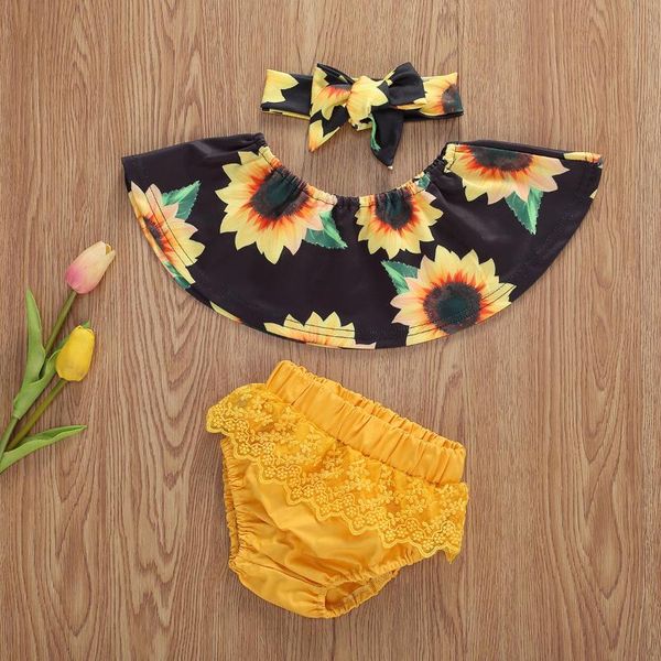 

3-24m newborn infant baby girls flower clothes set ruffles sunflower t shirt vest lace bloomer shorts outfits summer, White