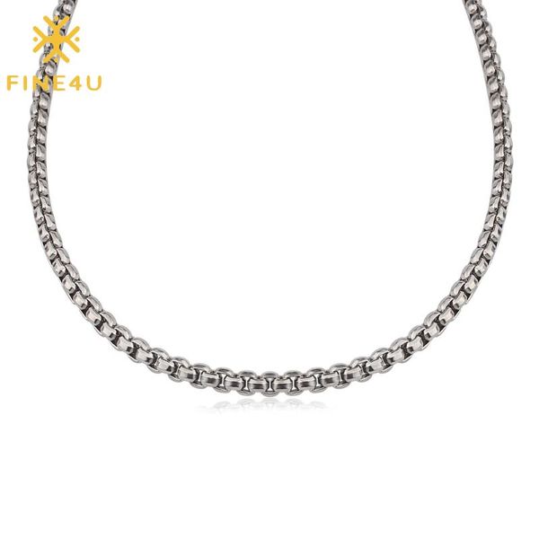 

fine4u n511 stainless steel 6mm box chain necklace handmade mirror polished italian crafted necklace for men women, Silver