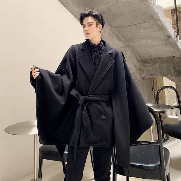 

men's wool & blends men winter oversize loose casual woolen cloak batwing sleeve jacket male streetwear hip hop gothic sashes outerwear, Black