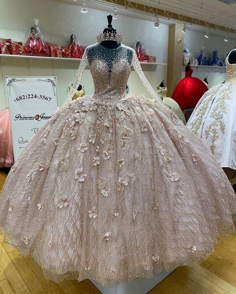 Luxo rosa Beading Quinceanera Vestidos 3D Longo Floral Illusion mangas lantejoulas Cristais Jewel Neck Custom Made doce 16 Prom Bola Vestidos