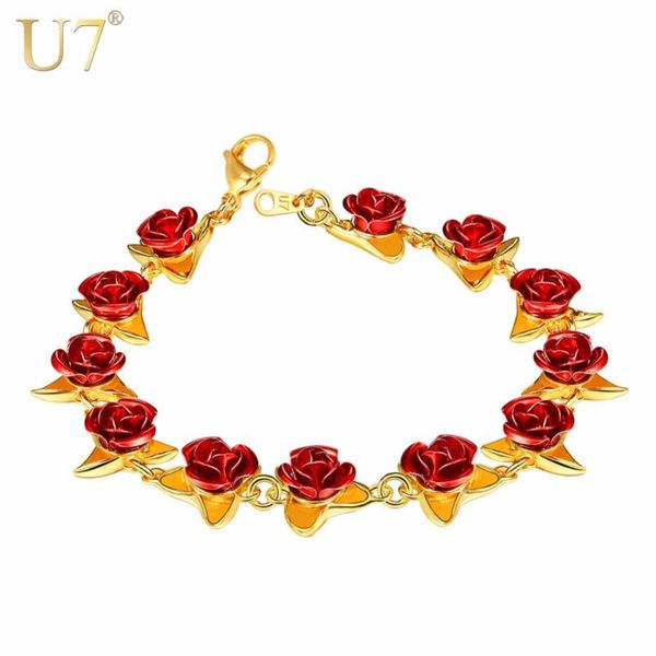 

link, chain u7 red rose flowers bracelet femme wrist charm gold color fashion jewelry bracelets for women mother's day gifts h1047, Black
