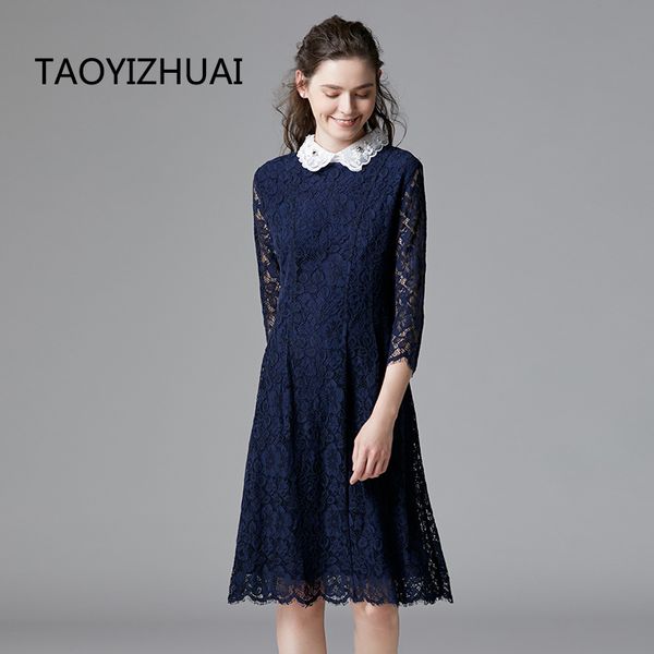 

autumn winter blue color casual female lace dress straight detachable collar 100% polyester loose elegant party office 14288 c200919, Black;pink