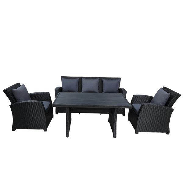 Conjunto de mobiliário de pátio ao ar livre vintage clássico conjunto de conversação de 4 peças conjunto de móveis de vime preto conjunto com almofadas cinzentas escuras WY000055AAB