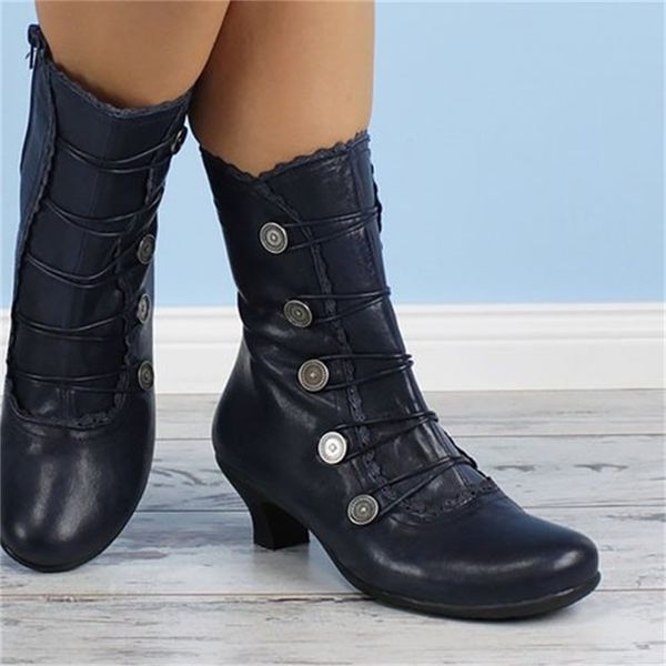 

women short boots 2020 winter soft pu leather round toe mid heel boots fashion lace zipper button retro gladiator shoes, Black
