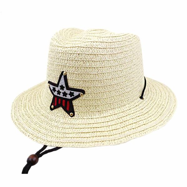 

2020 new boy and girl summer cowboy hat jazz hat straw with five pointed star wind rope children's sun 54 cm, Blue;gray