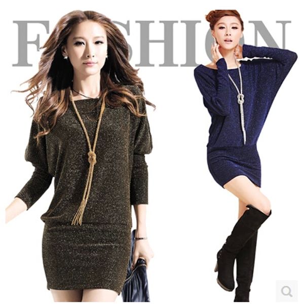 

winter batwing sleeve dress fashion shinny a-line mini vestidos long sleeve dresses party dress female casual wear l8079, Black;gray