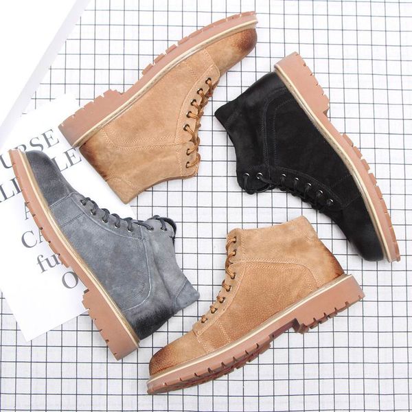 

fashion mens brown casual boots round toe lace up casual pig suede leather shoes man grey work safety leisure boties 38-44, Black