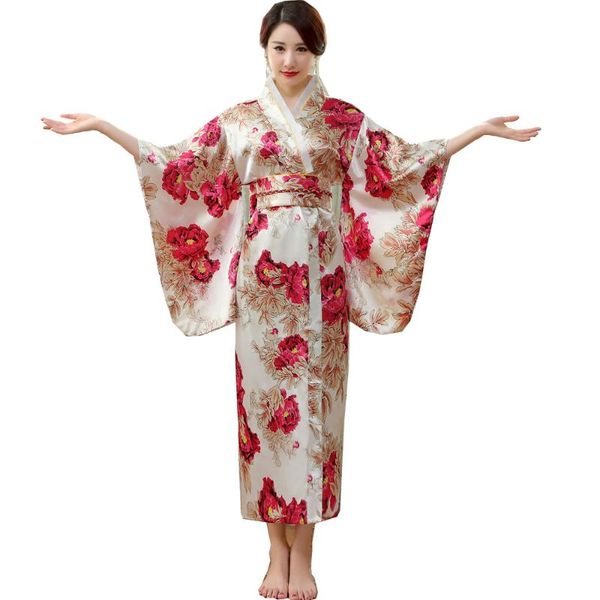 

japanese traditional women silk rayon kimono vintage yukata with obi performance dance dress halloween costume  hl03, Red