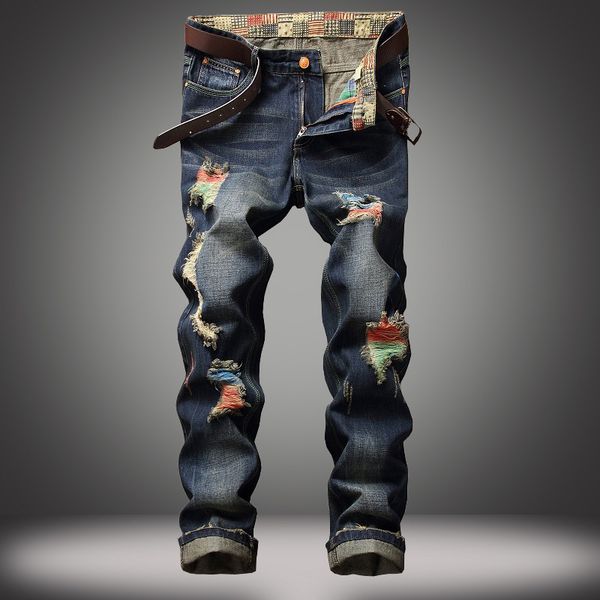 

evjsuse street personality painted jeans men straight hole men's jeans trousers manual abrasion ripped retro blue