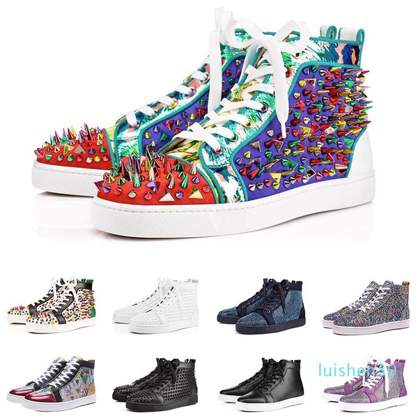 

designer fashion red bottom studded spikes flats shoes for men women glitter party lovers genuine leather casual rivet sneakers l14, Black