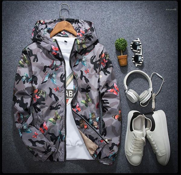 

mens clothing butterfly print hooded long sleeve coats mens casual slim zipper fly designer jackets camouflage, Black;brown