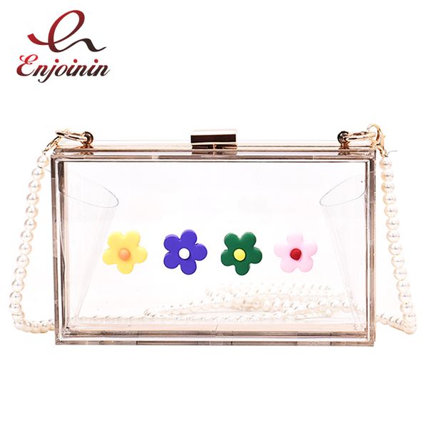 

colorful flowers transparent acrylic pearl chain fashion ladies party clutch bag handbag shoulder bag crossbody female pouch