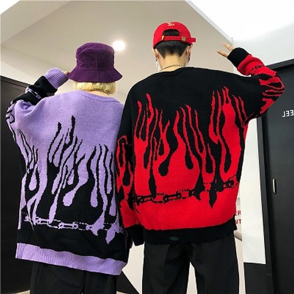 

mens sweater 2020 autumn winter harajuku flame knitting loose long sleeve sweater contrast color streetwear pullover wholesale for unisex, White;black