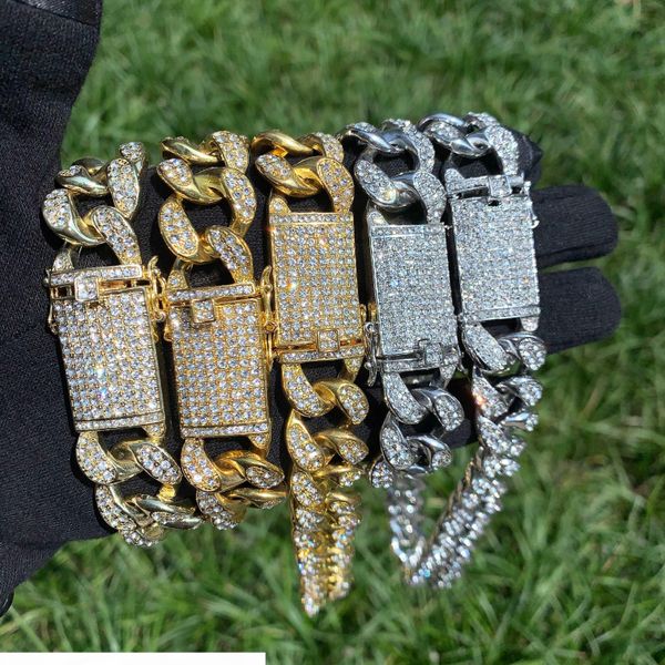 

alloy crystal heavy miami cuban chain with bracelet & necklace set gold silver 20mm big choker men's hip hop jewelry 16" 18