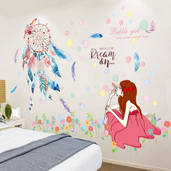

[shijuekongjian] dreamcatcher feathers wall stickers diy cartoon girl wall decals for kids rooms baby bedroom home decoration