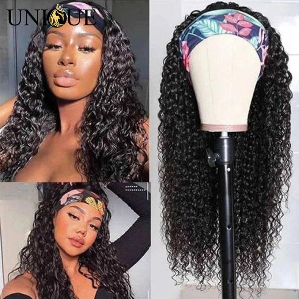 

lace wigs headband human hair wig kinky curly none front glueless brizilian machine made for black women, Black;brown