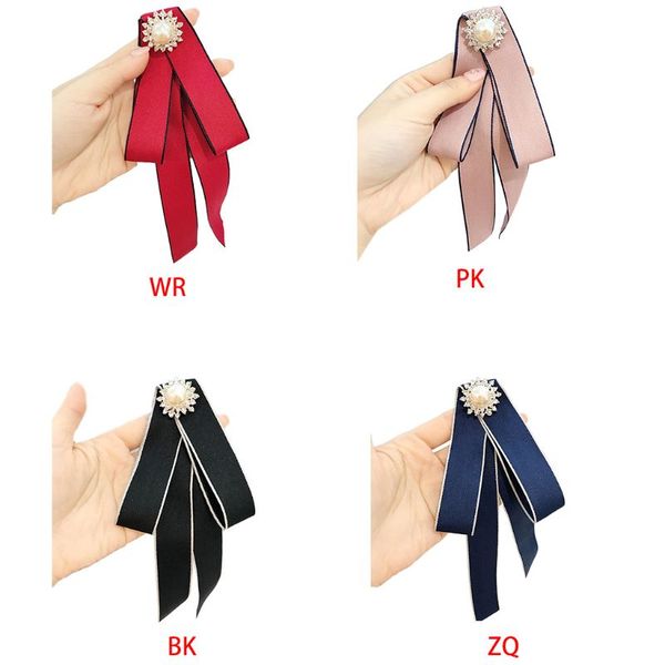 

women long ribbon bow tie faux pearl rhinestone flower brooch pin shirt necklace 40jf, Blue;purple