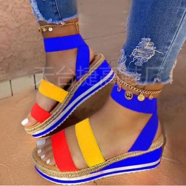 

women's shoes 20 years slope heel color matching women's sandals rope large size shoes, Black