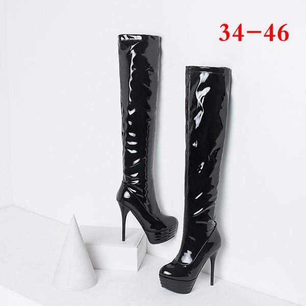 

over the knee high boots women winter snow high heels platform boots shoes party wedding shoes woman size 34-46 pointed toe, Black
