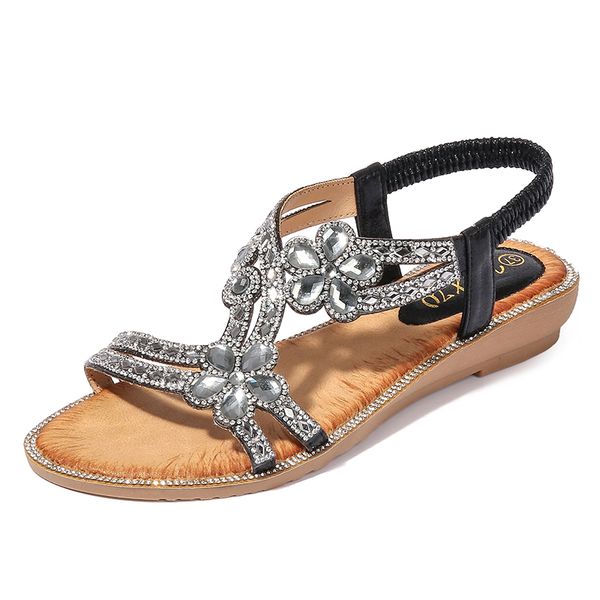 

flower rhinestone sandals 2020 summer new fashion blingl flat flip flop crystal elatic women shoes open toe large size sandalies, Black