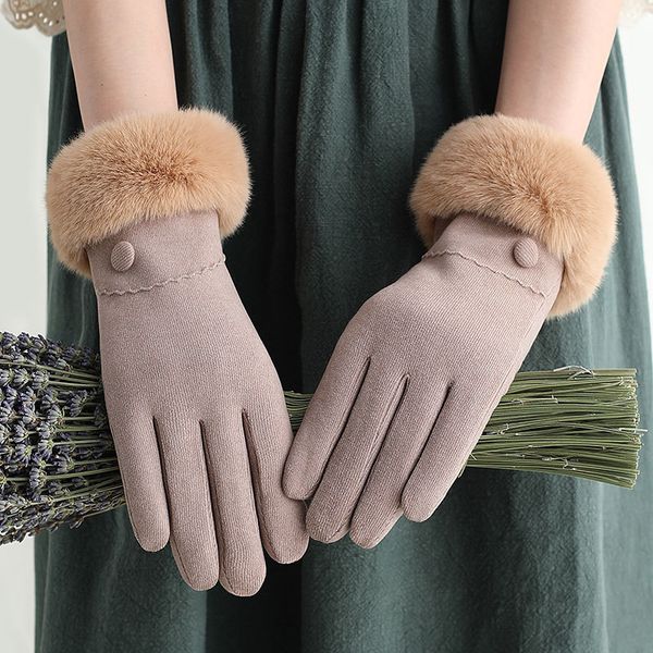 

five fingers gloves plus velvet inside thicken warm mittens outdoor cycling faux fur winter solid color full finger touch screen hand warmer, Blue;gray