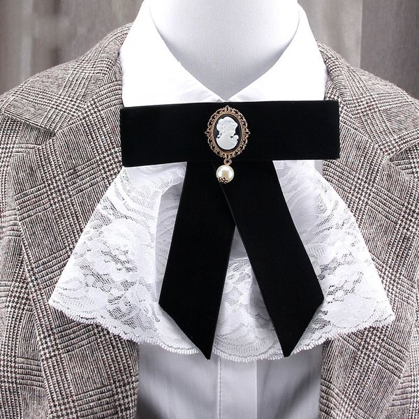 

new retro velvet black beauty head lace bow tie brooches pearl bowtie corsage dresses shirt collar pin for women accessories, Gray