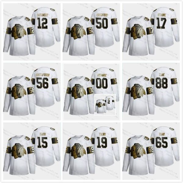 

custom chicago blackhawks 2020 white golden edition jersey patrick kane 77 kirby dach jonathan toews corey crawford duncan keith debrincat, Black;red