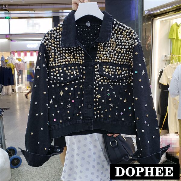 

2020 autumn new heavy industry rivet beaded colorful diamond denim cropped jacket bf black short jacket jeans coat, Black;brown