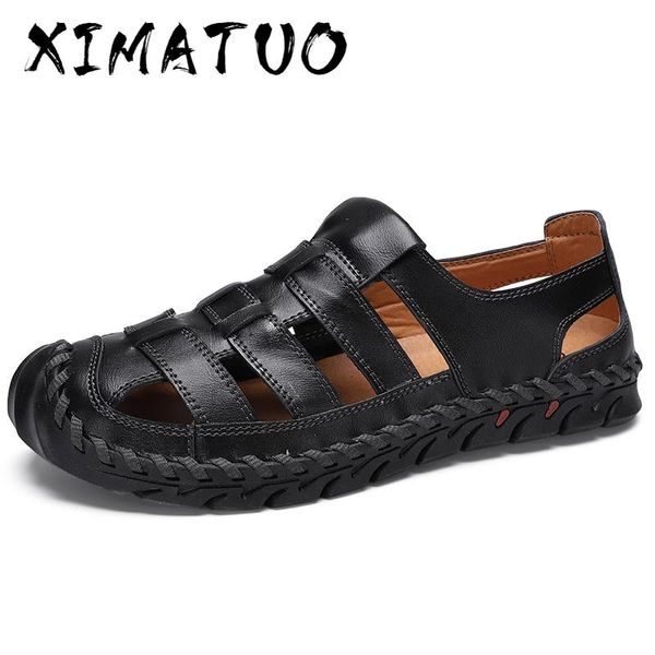 

plus size men casual breathable beach shoes handmade genuine leather sandals covers toe summer sandale homme zapatos de hombre, Black
