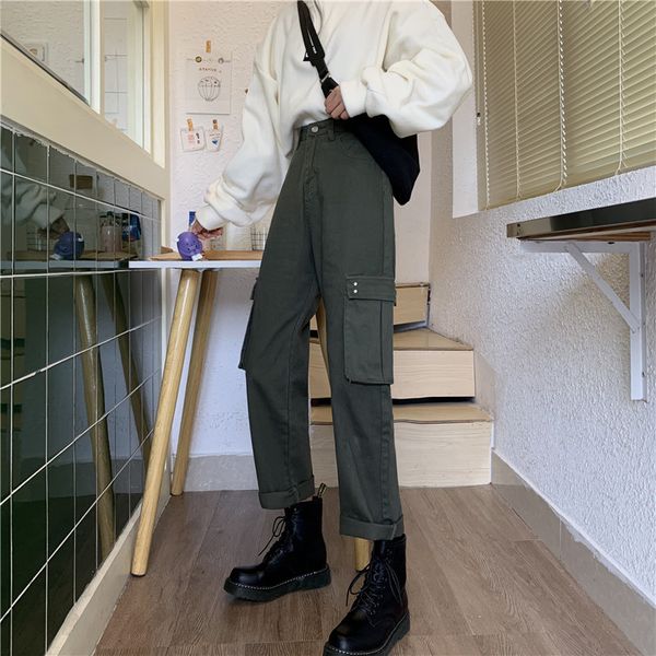 

women's jeans korean style womens loose cargo woman straight high waist denim pants black army green streetwear side pocket jean femme, Blue