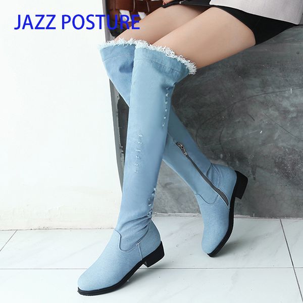 

new fashion women denim over-the-knee boots winter round toe low-heeled thigh high boots botas large size z302, Black