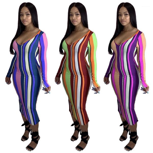 

dresses ladies slim fit clothing women colorful striped dresses v neck long sleeve sexy, Black;gray
