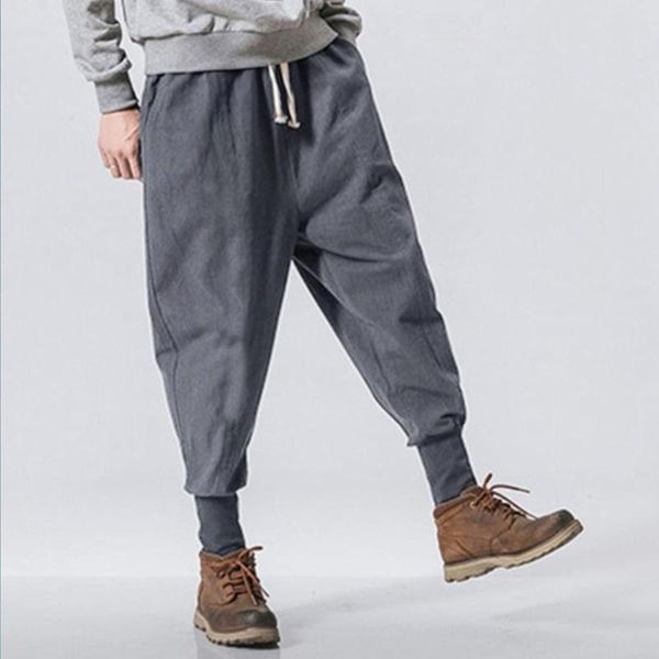 

men's casual pants cotton and linen retro pants loose foot, Black