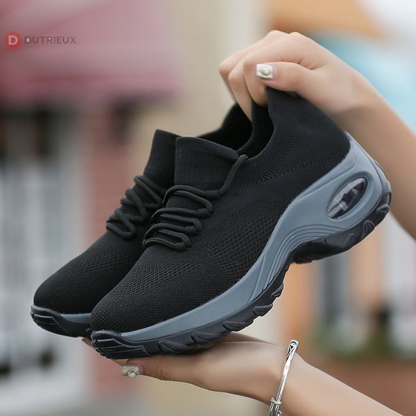 

platform sneakers women flats 2020 breathable casual shoes flats 6 colors wedges sneakers for women mesh sock zapatos de mujer, Black